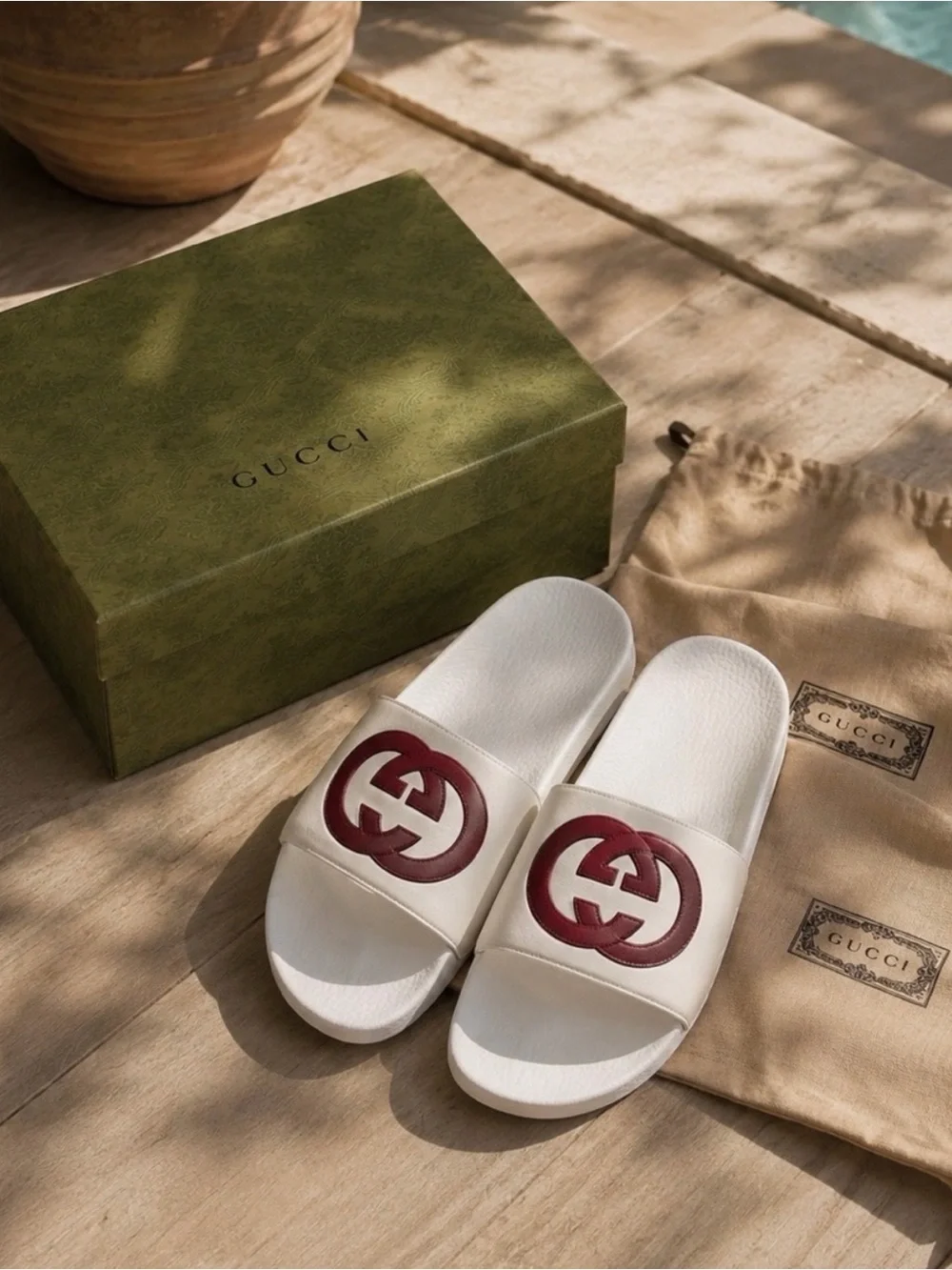 Gucci Men’s White Leather Slide Sandals with Red Interlocking G